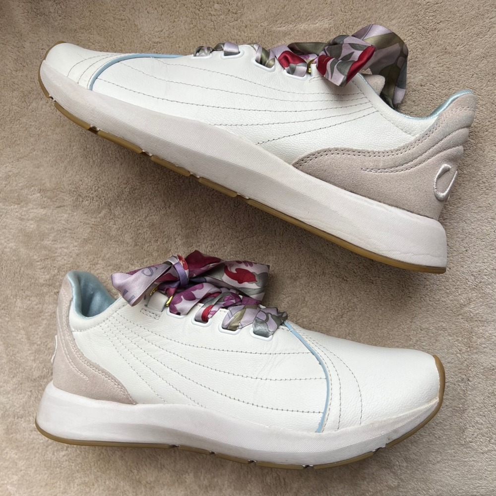 Saysh Two‎ On Cloud Women White Leather Sneakers Floral Ribbon Laces Size 8